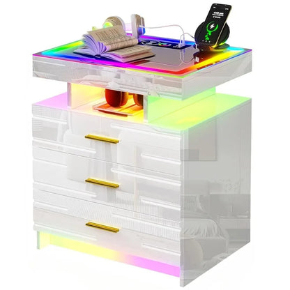 Bedroom Furniture Glass With Touch Screen Bedside Table RGB LED Bedside Table With Charging Station Home