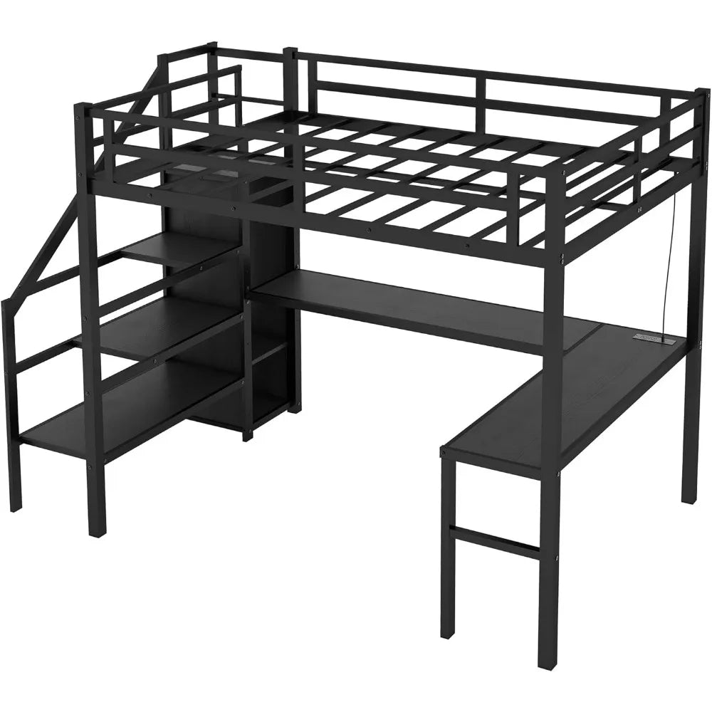 Cama alta de tamaño completo con escaleras y escritorio, cama alta de metal para juegos con luz LED RGB, estructura de cama alta de acero resistente con espacio de almacenamiento