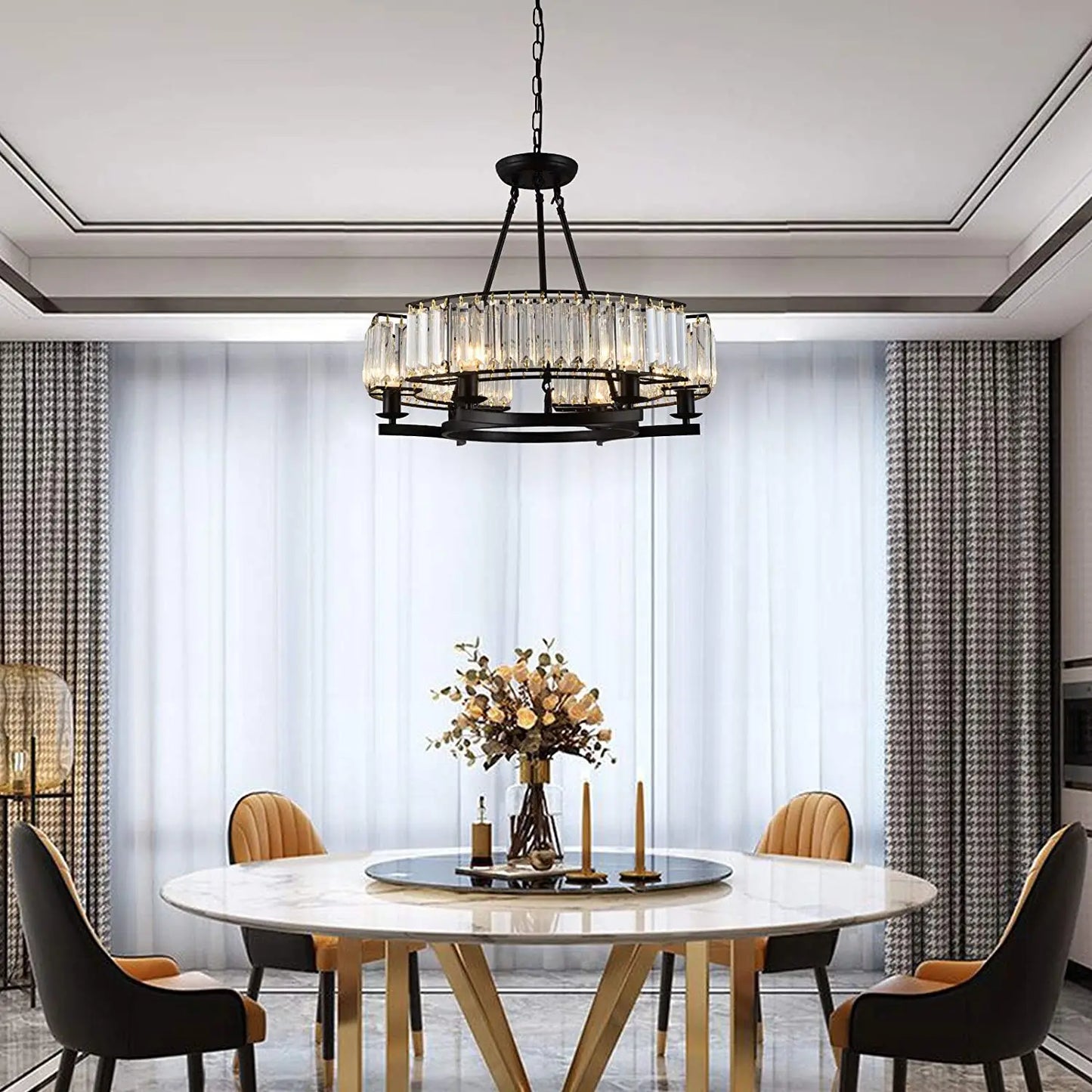 25.6" Round Black Frame Luxury Chandelier K9 Crystal Pendant Light for Dining Room Bedroom