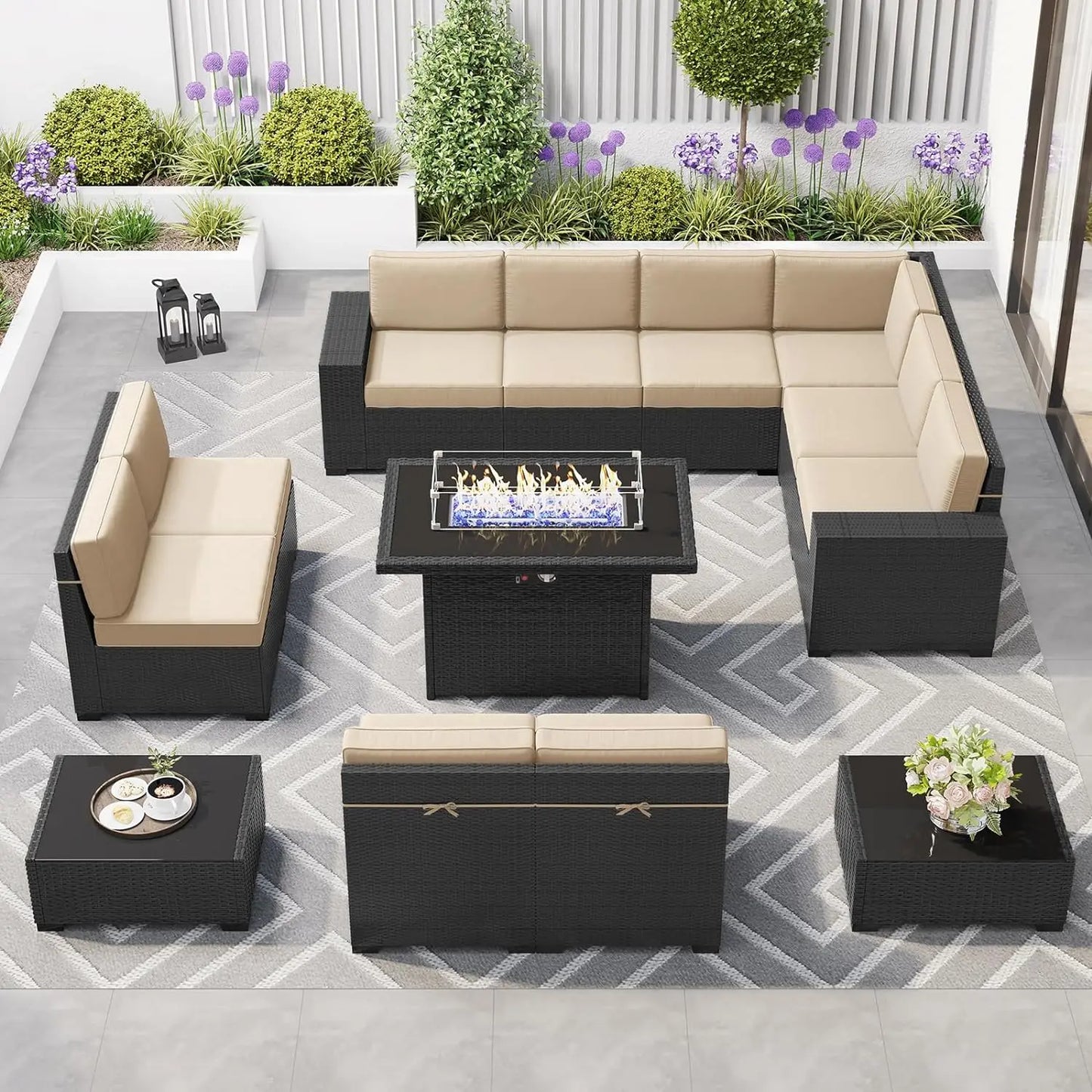 8 Piece Patio Furniture Set with 44" Propane Gas Fire Pit Table, Set Wicker Rattan Sofa Set and Coffee Table Rattan Möbel