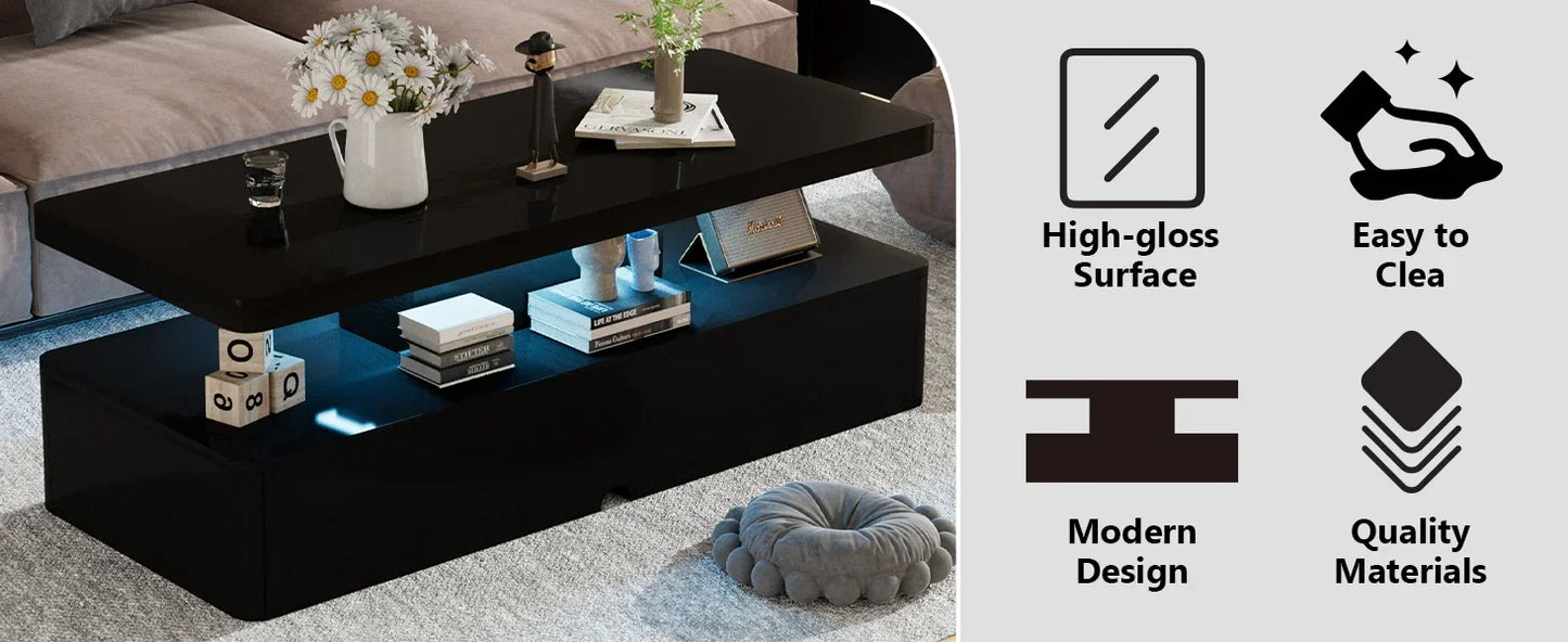 Double-Layer Design for Living Room Green Coffee Table Modern Stylish Coffee Table With 16 Colors LED Lights Black Furniture