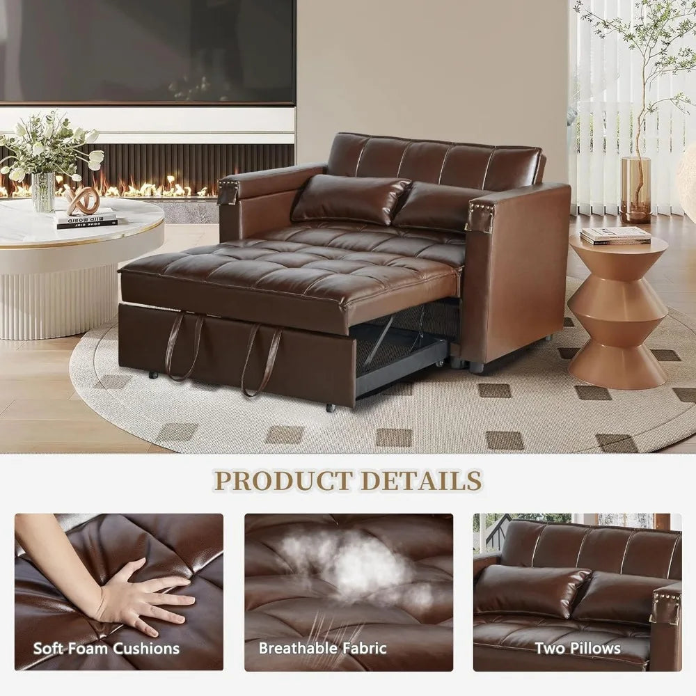 Convertible Sofa Bed, Velvet Sleeper Couch Pull-Out Bed, 48'' Loveseat Chaise Lounge with Adjustable Backrest and Pillows