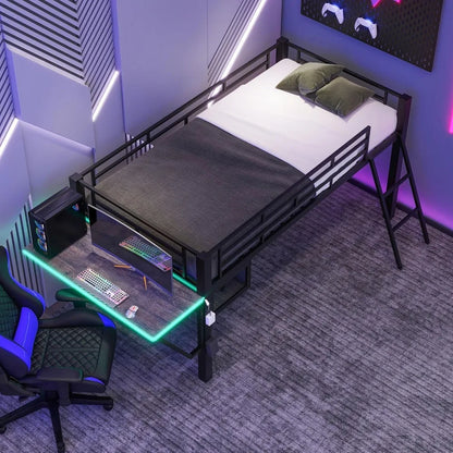 Cama alta para juegos de tamaño doble con escritorio, LED y escalera, estructura de cama alta de metal con compartimento de almacenamiento de malla ventilada, color negro