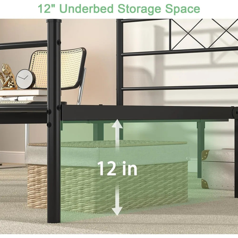 Full Size Bed Frame with Headboard, Heavy-Duty Platform/Mattress Foundation with Metal Slats Support, No Box Spring Needed