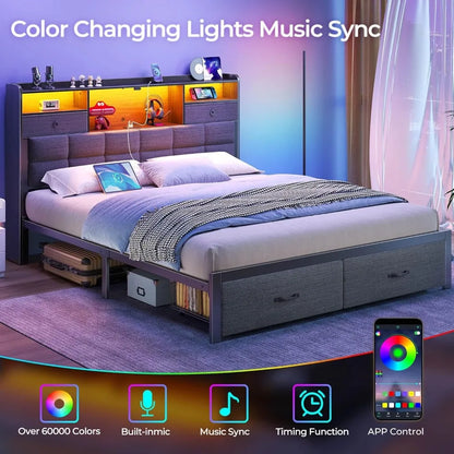 Bed Frame Full Size with Drawers and Charging Station, Upholstered Platform Bed with Storage Headboard and LED Light