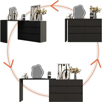 Coiffeuse 2 en 1, table de toilette de 51 po avec bureau en L et commode double, avec 6 tiroirs pour chambre à coucher, bureau à domicile, coiffeuse noire