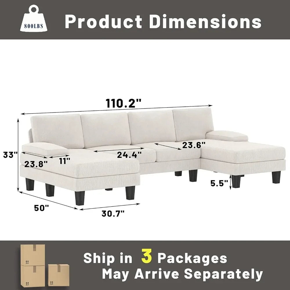 Convertible Sectional U-Shaped Couch with Soft Modern Cotton Chenille Fabric for Living Room, 4 Seats Oversized Sofas