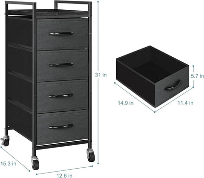 Commode de rangement en tissu pour chambre à coucher, unité de rangement à 4 tiroirs, petite table de nuit à tiroirs verticaux avec roulettes (gris foncé)