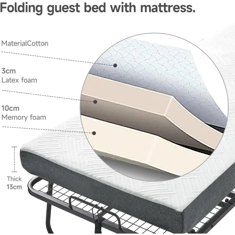 Folding Bed, (with 5.2" Thick Memory Foam Mattress), 79 * 35inch, Portable Foldable Adult with Mattress for Guest use, Metal