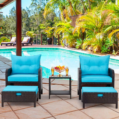 Ensemble de meubles de patio, chaises d'extérieur en rotin avec table basse en verre trempé, poufs et coussins moelleux, ensemble de conversation en osier