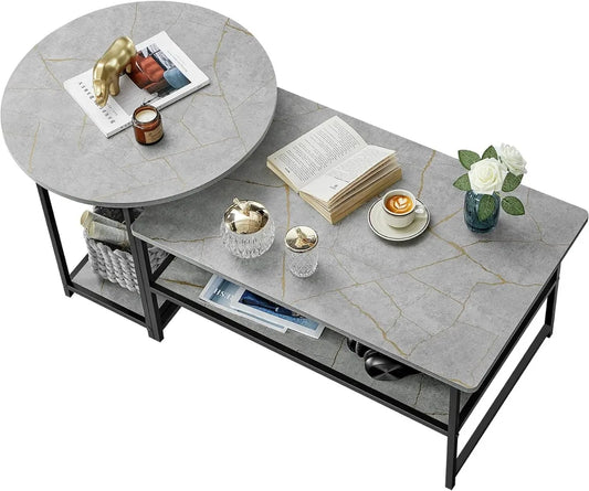 WOHOMO Coffee Table, Modern Style Coffee Tables for Living Room Marble Center Table with Storage 2 in 1Detachable Table Set