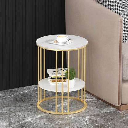 Round Marble Accent Table End 2 Tiers Storage Table Gold Metal Frame Nightstand for Living Room, Bedroom