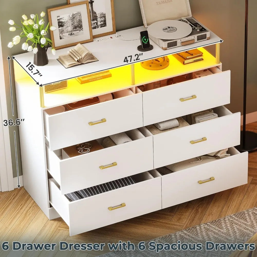 White Dresser for Bedroom with 6 Drawers, Dressers & Chests of Drawers with Column Design & Charging Station, Led Wide Dresser