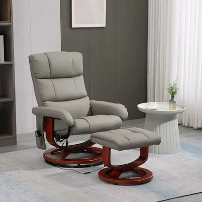 Fauteuil inclinable de massage avec pouf, fauteuil inclinable pivotant et repose-pieds, fauteuil inclinable en similicuir avec télécommande et poche latérale