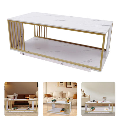 Modern 2-Tier White+Gold Coffee Table High Gloss Marble Veneer Rectangle Living Room Furniture, Waiting Area Table