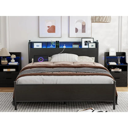 Queen Size Storage Headboard with LED Lights & Charging Station, with Storage, Queen Size Storage Headboard