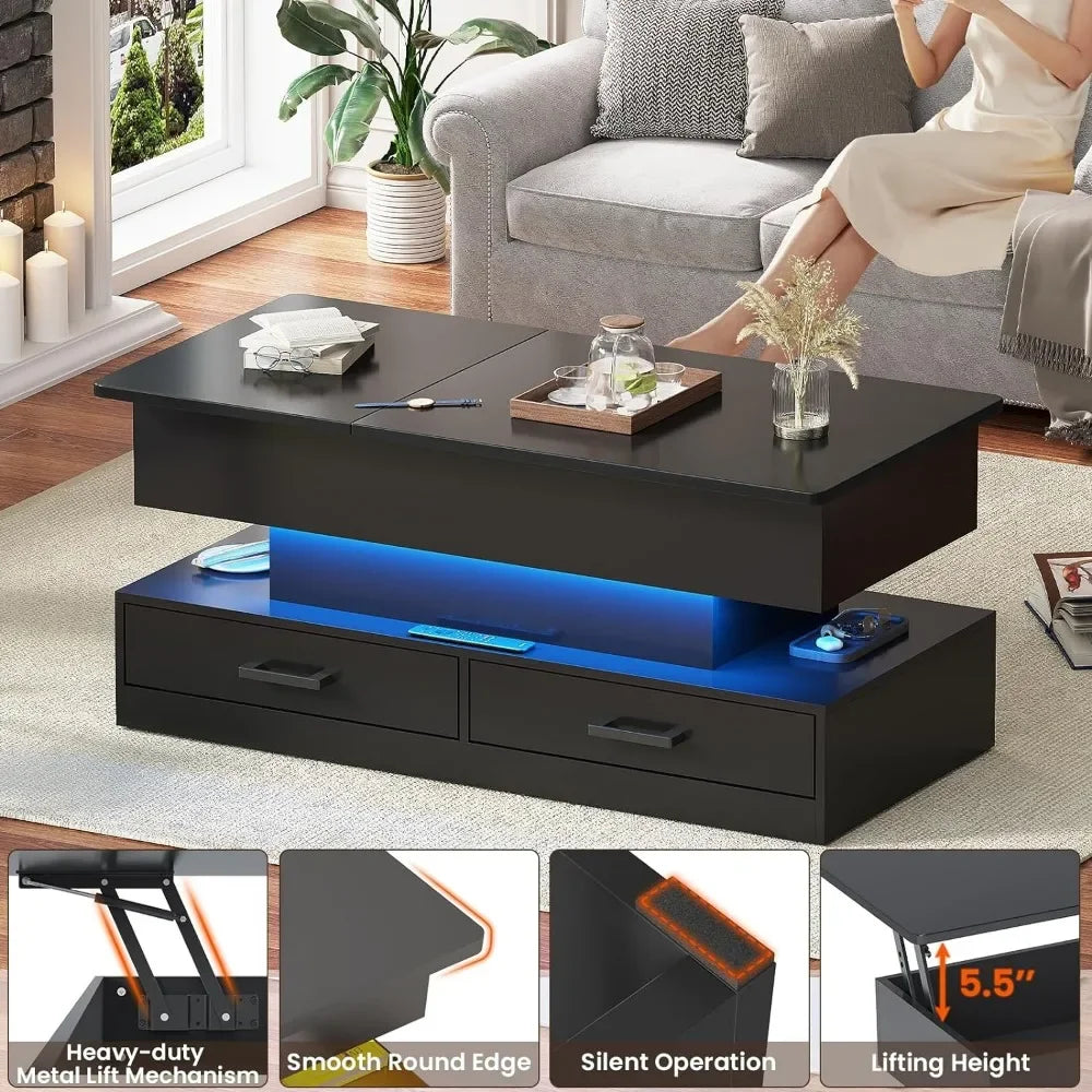 40" Lift Top Coffee Table, Coffee Desk w/ 2 Fabric Drawers for Living Room, Small Modern Table with Storage & LED Light, Black