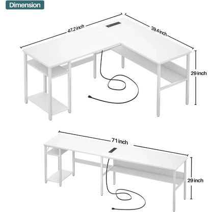 Reversible L Shaped Computer Desk with Magic Power Outlets and USB Charging Ports, Easy to Assemble, White