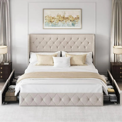 King Size Bed Frame With 4 Storage Drawers And Tufted Headboard Linen Upholstered Platform Wingback Beds,bed Frame