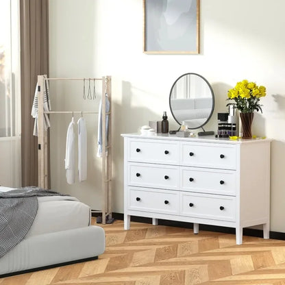 Cómoda blanca, cómoda moderna para dormitorio, cómoda doble de 6 cajones con tiradores de metal, cómoda