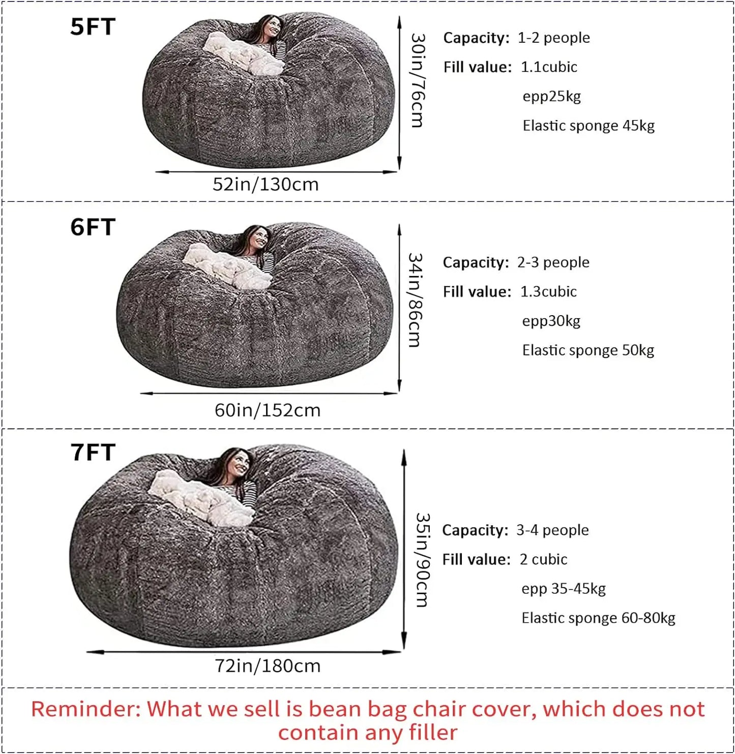 Housse de pouf géant en fourrure pour enfants et adultes, meubles de salon, grand pouf rond doux et moelleux en fausse fourrure, housse de canapé-lit paresseux