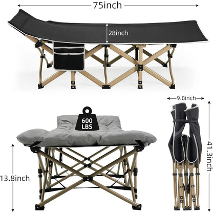 Lit de camping portable, lit de couchage pour adulte, lit pliant extra large et robuste de 28 pouces, charge maximale de 600 lb avec matelas épais