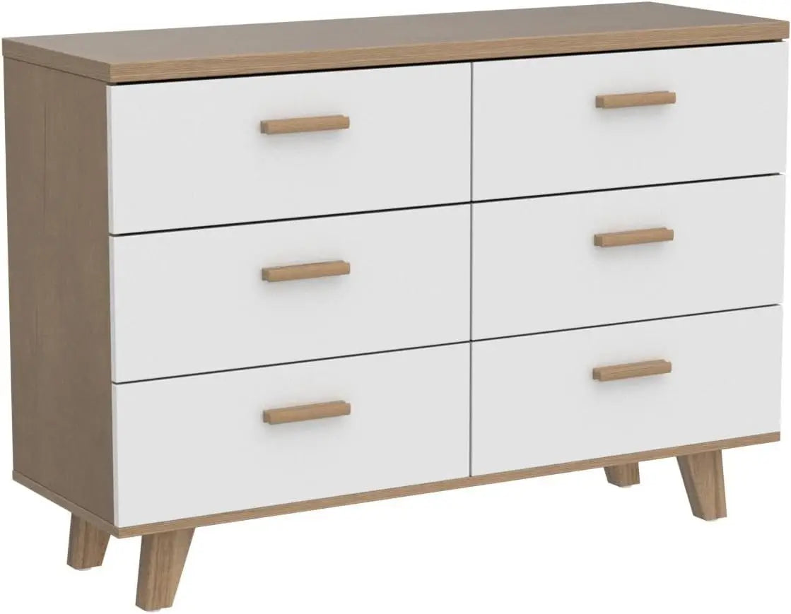 6 Drawer White Wide Dresser, Wood Storage Organizer , Modern Drawer Chest for Nursery, Living Room, Hallway, Kids Bedroom