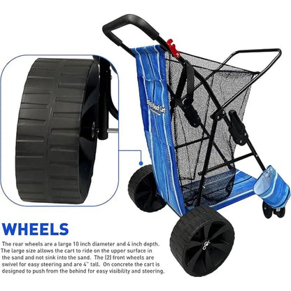 Heavy Duty Folding Design - Large Wheels for Sand - Holds 4 Beach Chairs - Storage Pouch - Beach Umbrella