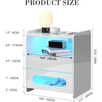 Mesita de noche blanca con estación de carga inalámbrica y luces LED, mesita de noche moderna con cajones para guardar joyas, mesa auxiliar