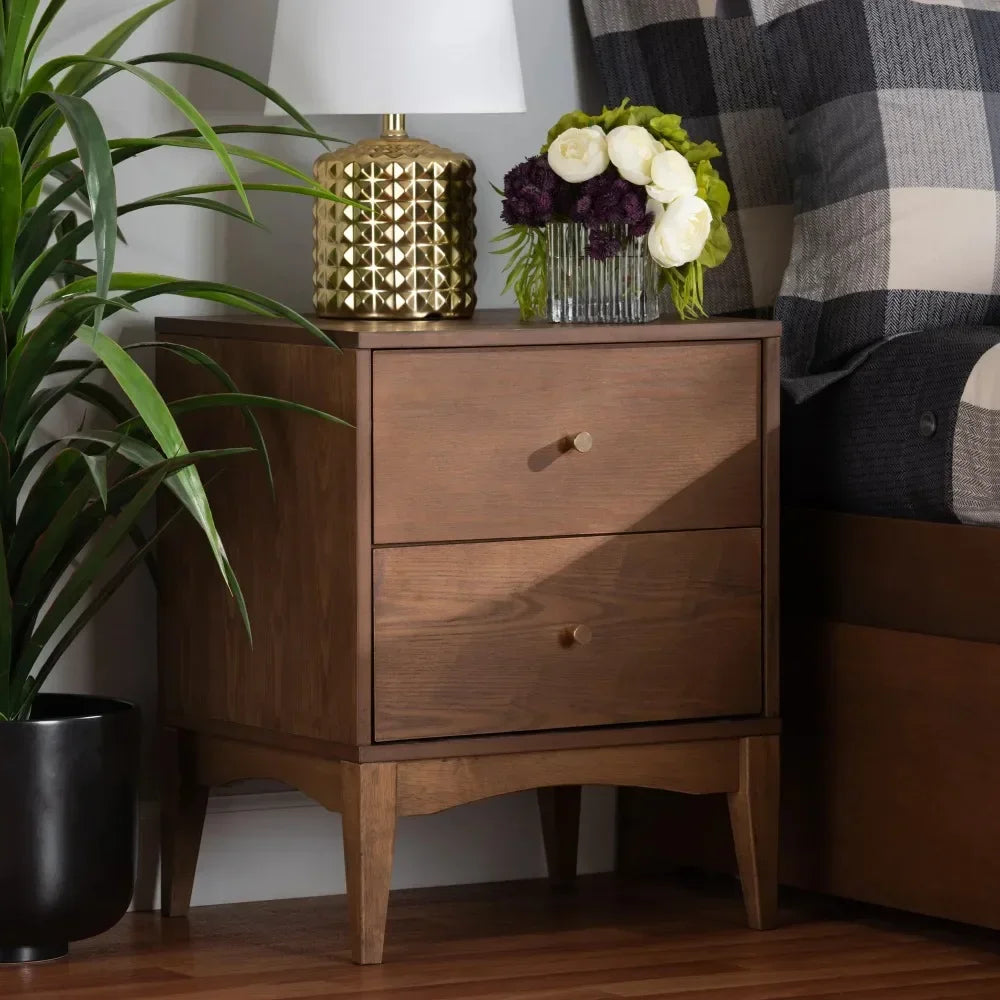 Nightstand, Landis Ash Walnut Finished Wood Beside Table with 2 Drawers, Nightstand