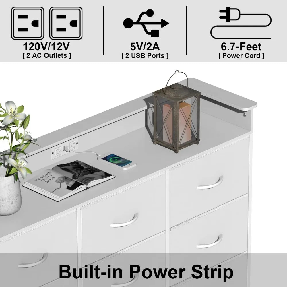 White Dresser with LED Light for Bedroom 9 Drawer Dressers with Charging Station Chests of Drawers Steel Frame Wooden Top