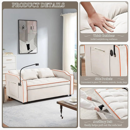 Canapé-lit convertible 3 en 1 en velours avec port USB et Type C, canapé-causeuse futon confortable avec dossier réglable, support de téléphone et porte-gobelet