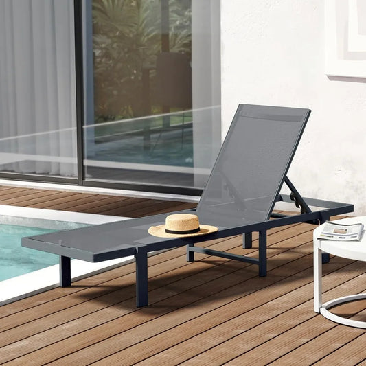 Tumbona de aluminio para exteriores con 5 posiciones ajustables para descansar y broncearse completamente plana para patio, piscina, sillón de patio gris