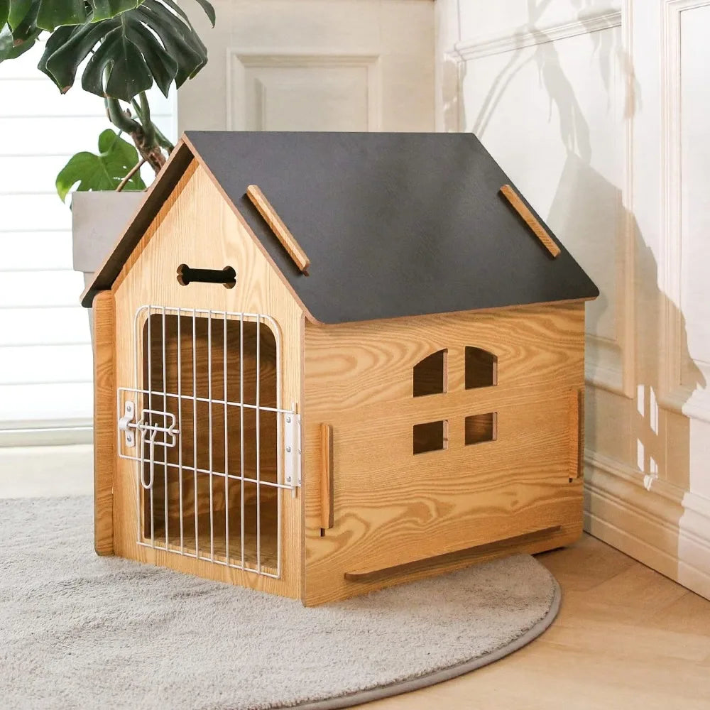 Caseta para perros de diseño de madera cómoda, casa para perros, habitación pequeña para interiores, cueva para perros con rejillas de ventilación y piso elevado para mantener el calor, jaula