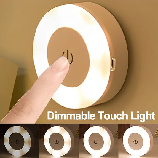 Mini luces LED de noche con sensor táctil, recargables por USB, para cocina, dormitorio, base magnética, lámpara de pared redonda, portátil, con atenuación nocturna