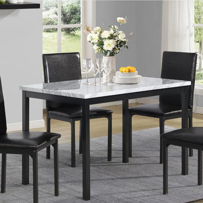 Family metal dining table with laminated artificial marble countertop, 45 inches deep x 28.5 inches wide x 30 inches high