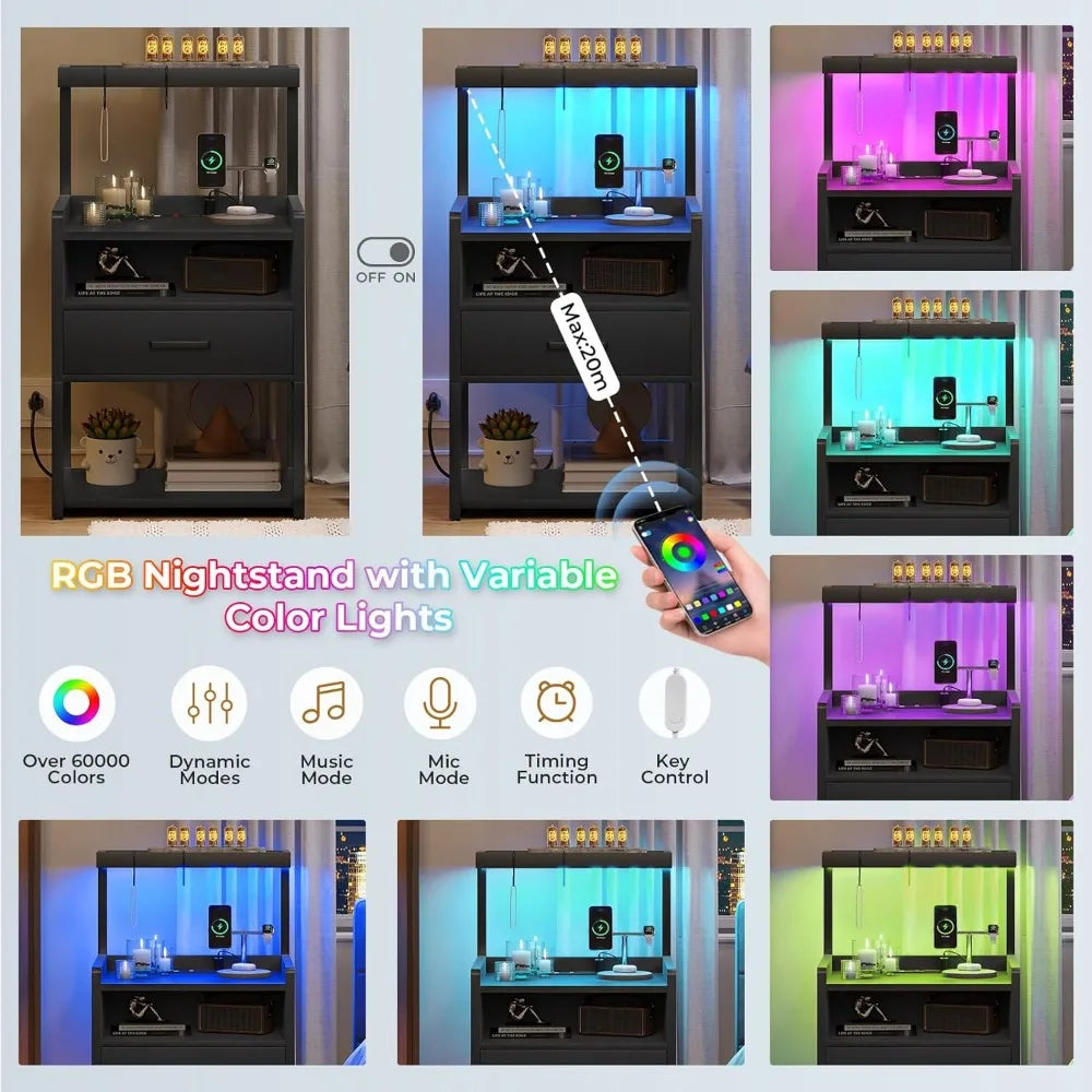 Table de chevet avec station de charge et lumières LED, tables de chevet avec tiroir, table d'appoint avec étagères de rangement ouvertes, table de chevet