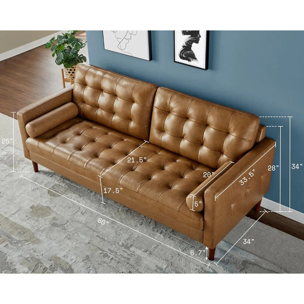 Leather Sofa,Mid-Century Modern Genuine Leather Sofa,3 Seater Comfy Couch for Living Room Home Office-Brown, couch  muebles