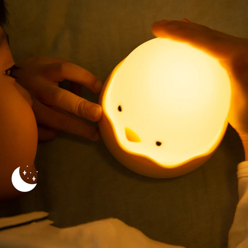 Luz de noche con forma de pollo y cáscara de huevo, luz LED de dibujos animados para dormitorio de niños, luz táctil ajustable, luz cálida recargable, luz de ambiente