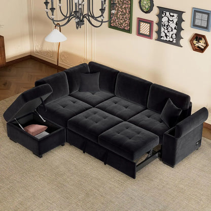 Sleeper Sectional Sofa Bed with Storage Ottoman & Hidden Arm Storage, Sectional Corner Couch Sofa-Bed for Living Room