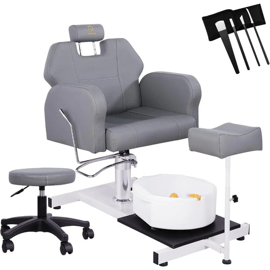 Reclining Pedicure Chair No Plumbing with Foot Massage Basin, Hydraulic Adjustable Pedicure Chair, 360° Rotation Beauty Spa Unit