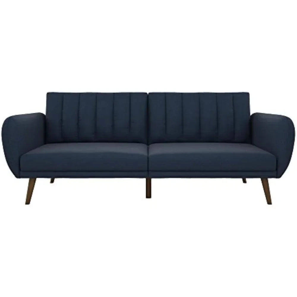 Sofa Futon, Premium Linen Upholstery and Wooden Legs, Blue Linen