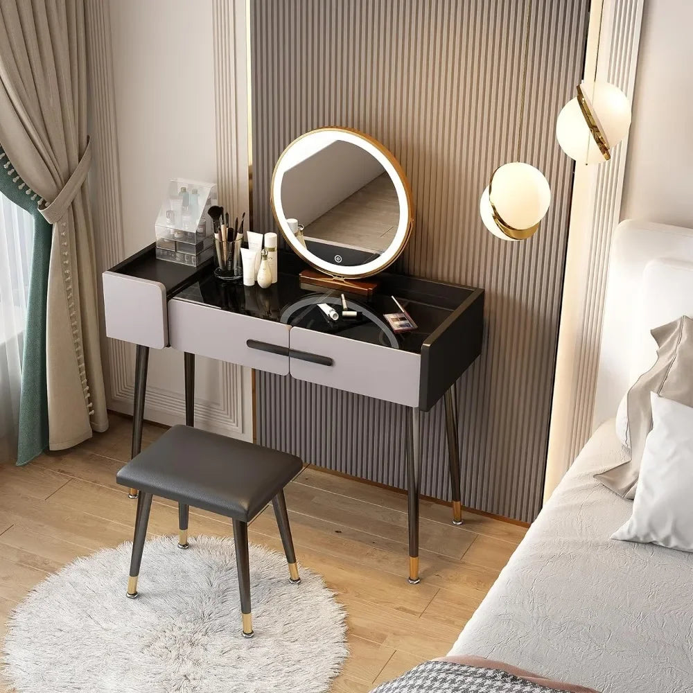 Dressing table with mirror and lamp, 3 lighting modes bedroom dresser set with 3 drawers for ladies / girls grey