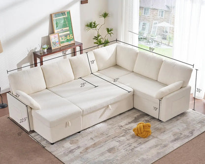 Fashionable Sofa Bed,Oversized U Shaped Couch with Storage Chaise, Pull Out Couch for Living Room, White Boucle Sofa Couch