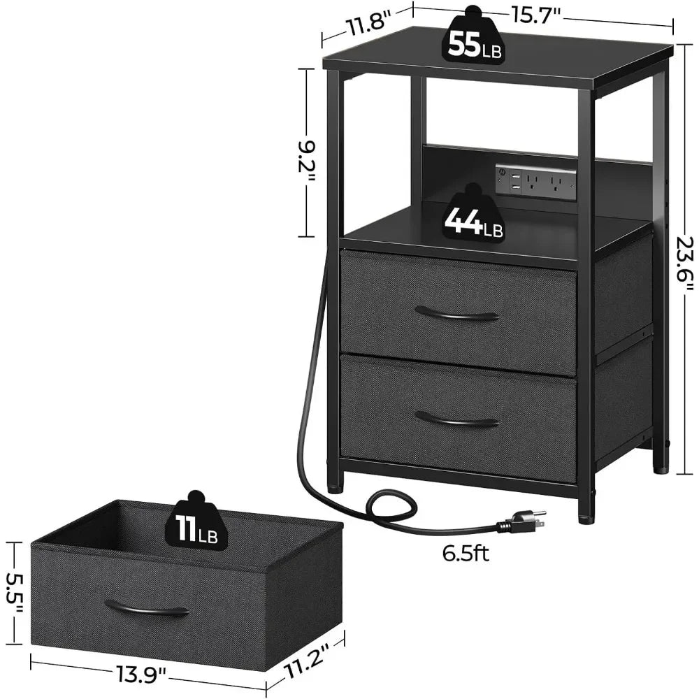 Mesita de noche con estación de carga, mesita de noche con luces LED, mesita de noche con cajones de tela, mesa auxiliar de almacenamiento para dormitorio