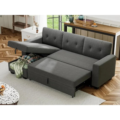 Sofa Bed Reversible Convertible Sleeper Pull Out Couches with Storage Chaise, Linen Fabric Furniture for Living Room, Apartment