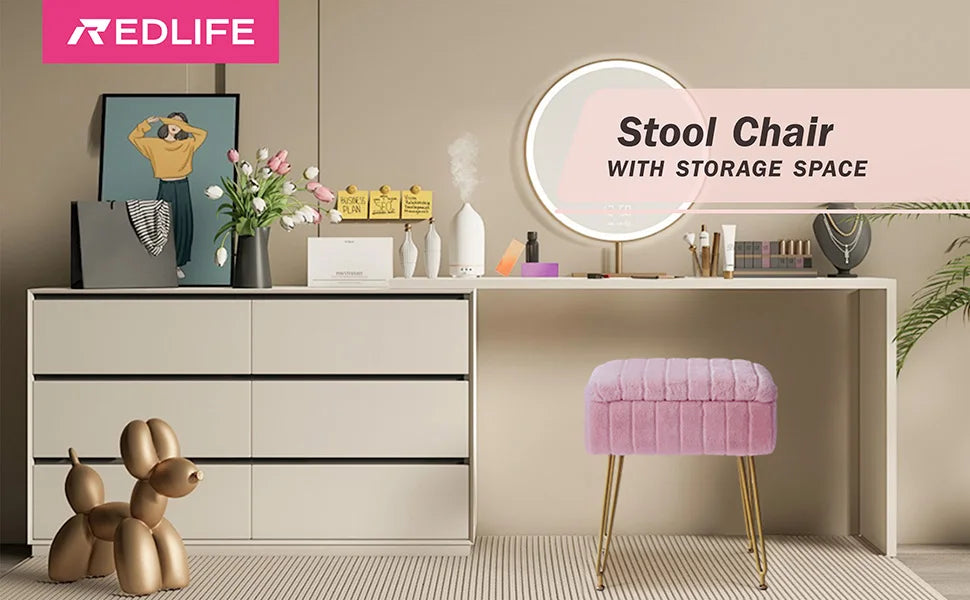 Tabouret de coiffeuse REDLIFE avec rangement en fausse fourrure, pouf de maquillage, meuble de commode avec pieds en métal doré pour chambre et salon