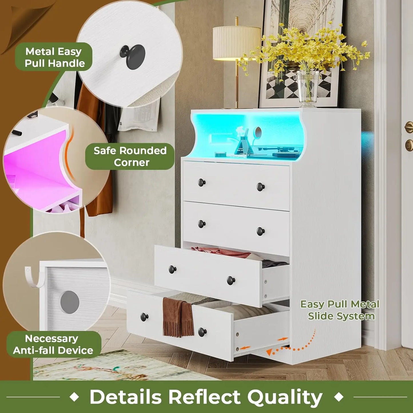 Commode avec station de charge, commode LED à 4 tiroirs pour chambre à coucher, commode à tiroirs avec espace ouvert, rangement haut de grande capacité