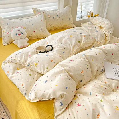 Parure de lit mignonne avec dessin animé, sans remplissage, housse de couette double, drap plat, taie d'oreiller, pour filles et garçons, linge de lit en polyester doux et fin