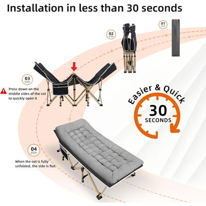 Lit de camping portable, lit de couchage pour adulte, lit pliant extra large et robuste de 28 pouces, charge maximale de 600 lb avec matelas épais